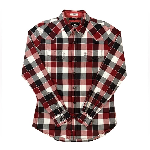 Express Men's Maroon/ White Plaid Button Up Fitted Shirt Size M Front Pockets - Picture 3 of 16